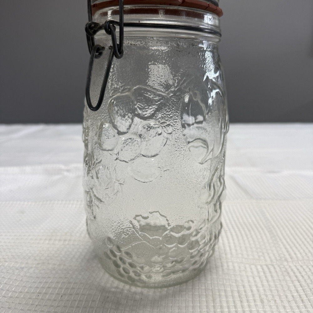 Vtg Raised Tall‎ Glass Sugar Canister Jar Metal Clamp Lid Fruit Decor 1.5L